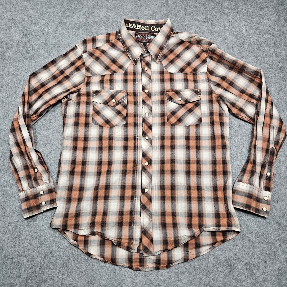 Rock & Roll Cowboy Shirt Mens L Brown Plaid Pearl Snap Long Sleeve Western